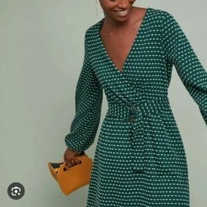 Anthropologie Maeve Malta Dress - Dark Green Knit - Faux Wrap Holiday Christmas